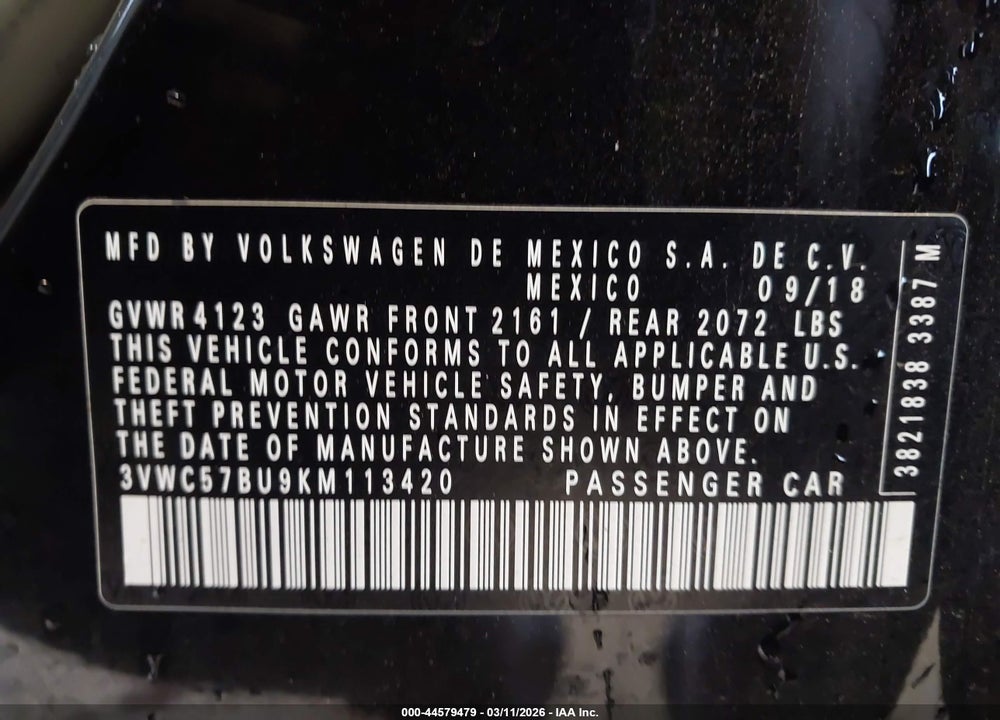 2019 VOLKSWAGEN JETTA 1.4T R-LINE/1.4T S/1.4T SE VIN: 3VWC57BU9KM113420