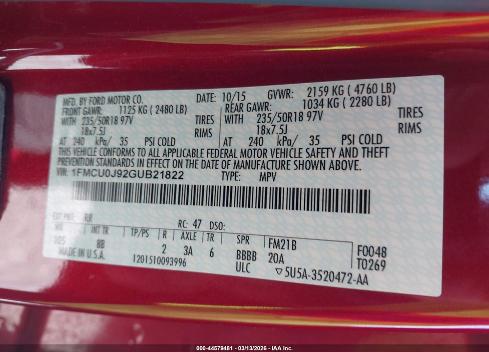 2016 FORD ESCAPE TITANIUM VIN: 1FMCU0J92GUB21822