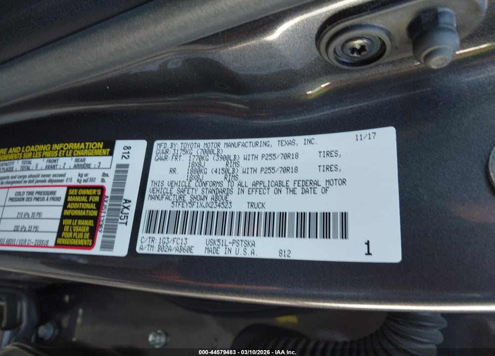 2018 TOYOTA TUNDRA SR5 5.7L V8 VIN: 5TFEY5F1XJX234523