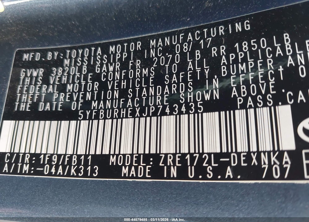 2018 TOYOTA COROLLA LE VIN: 5YFBURHEXJP743435