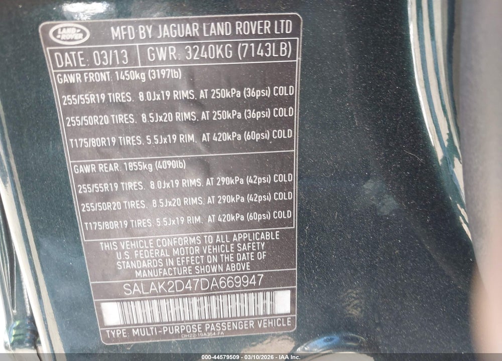 2013 LAND ROVER LR4 VIN: SALAK2D47DA669947