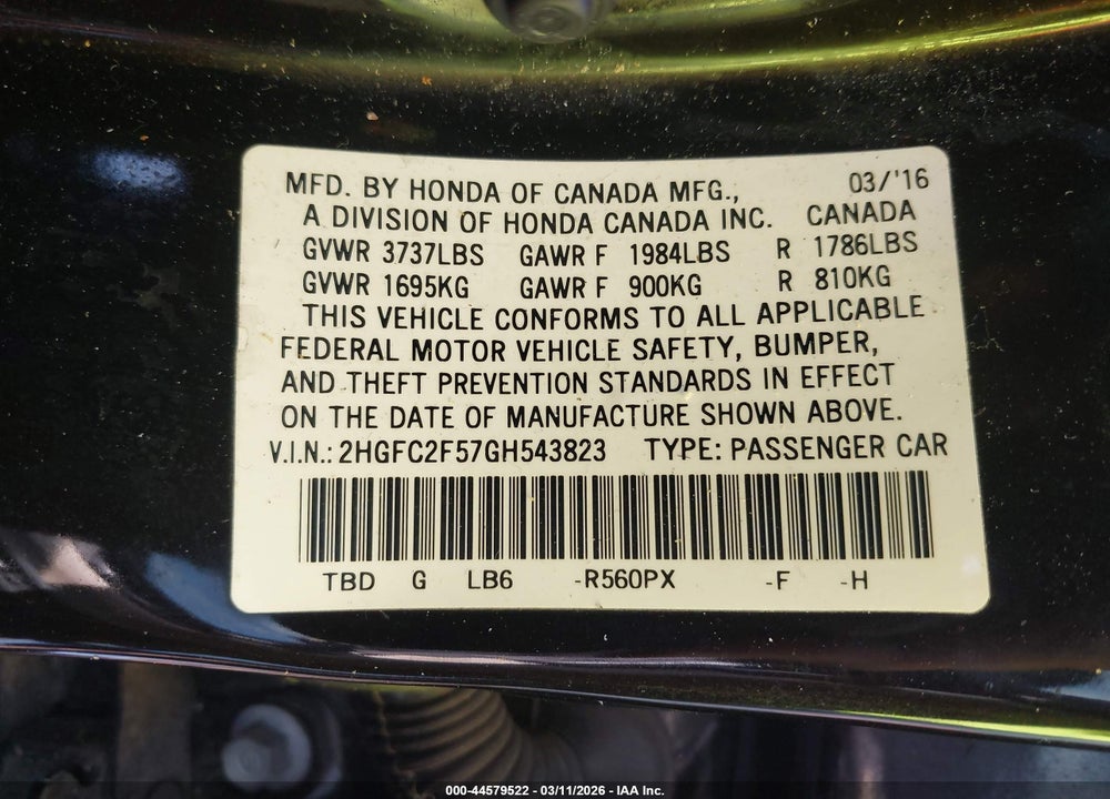 2016 HONDA CIVIC LX VIN: 2HGFC2F57GH543823