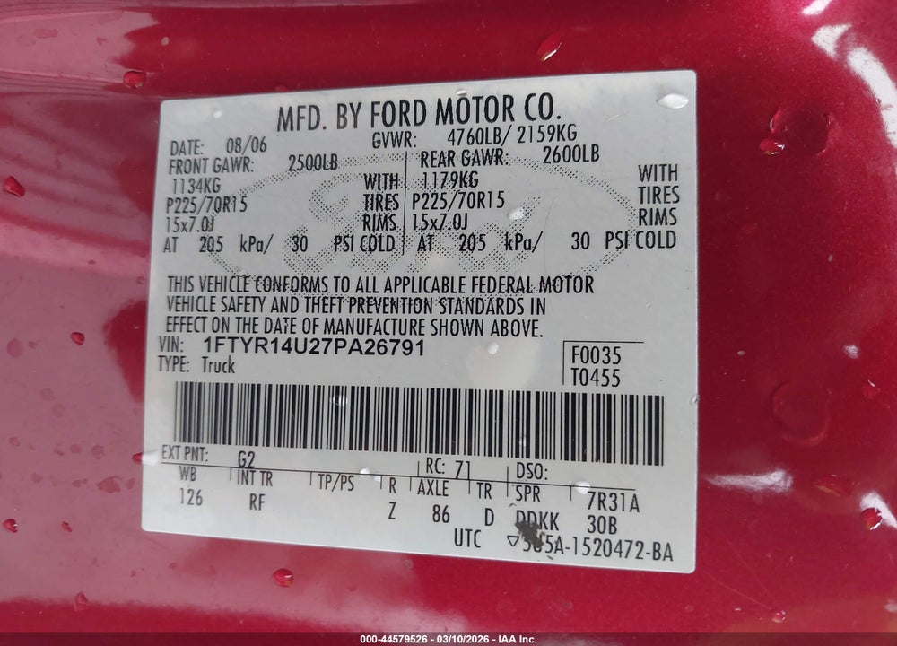 2007 FORD RANGER SPORT/STX/XL/XLT VIN: 1FTYR14U27PA26791
