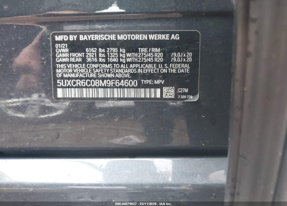2021 BMW X5 XDRIVE40I VIN: 5UXCR6C08M9F64600