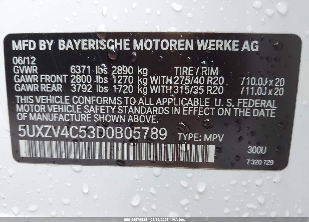 2013 BMW X5 XDRIVE35I/XDRIVE35I PREMIUM/XDRIVE35I SPORT ACTIVITY VIN: 5UXZV4C53D0B05789
