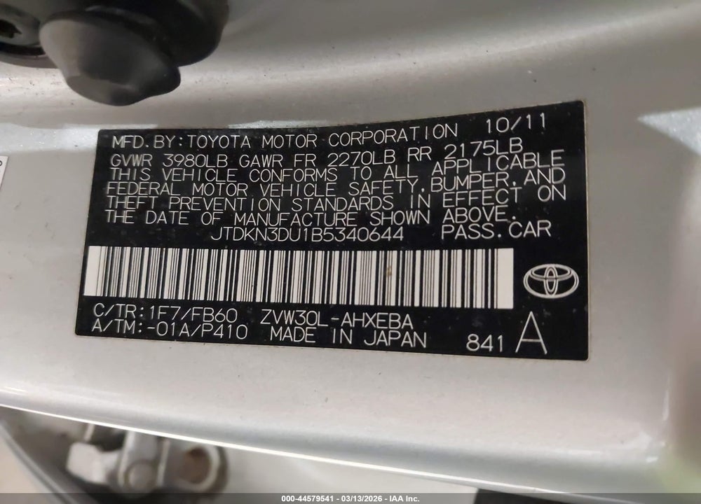 2011 TOYOTA PRIUS TWO VIN: JTDKN3DU1B5340644