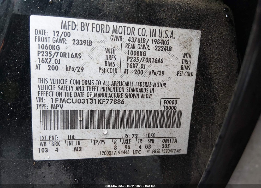 2001 FORD ESCAPE XLT VIN: 1FMCU03131KF77886