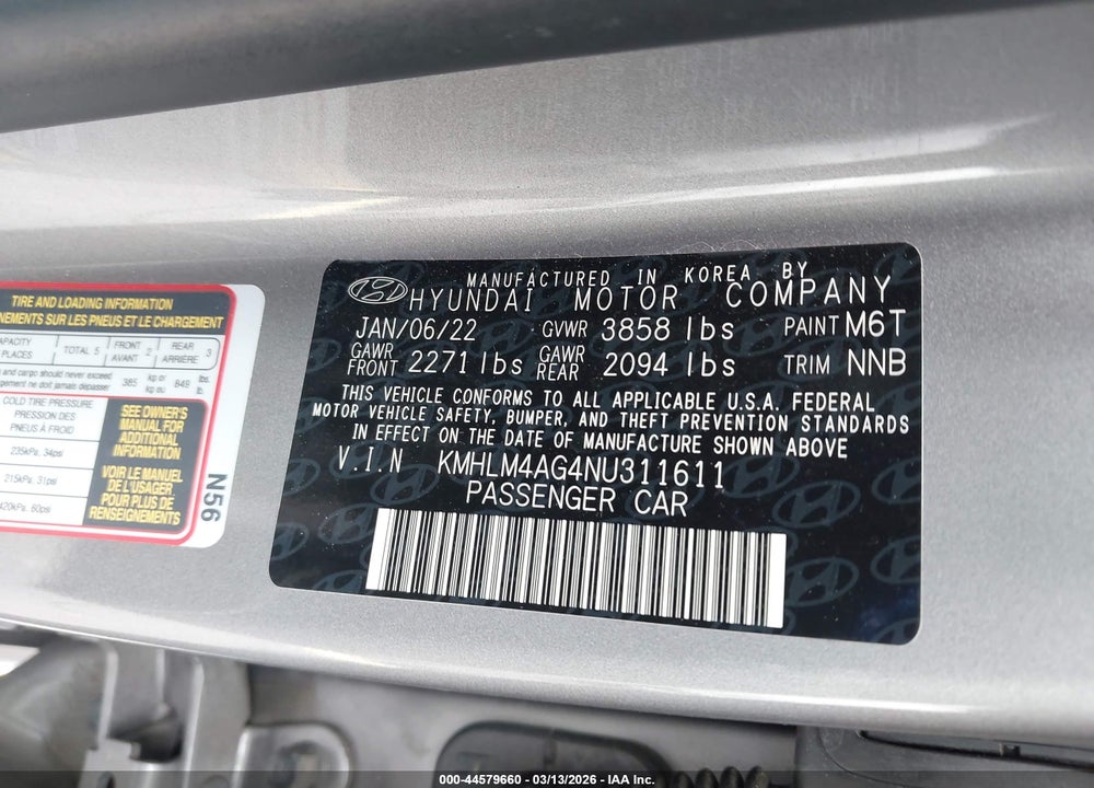 2022 HYUNDAI ELANTRA SEL VIN: KMHLM4AG4NU311611