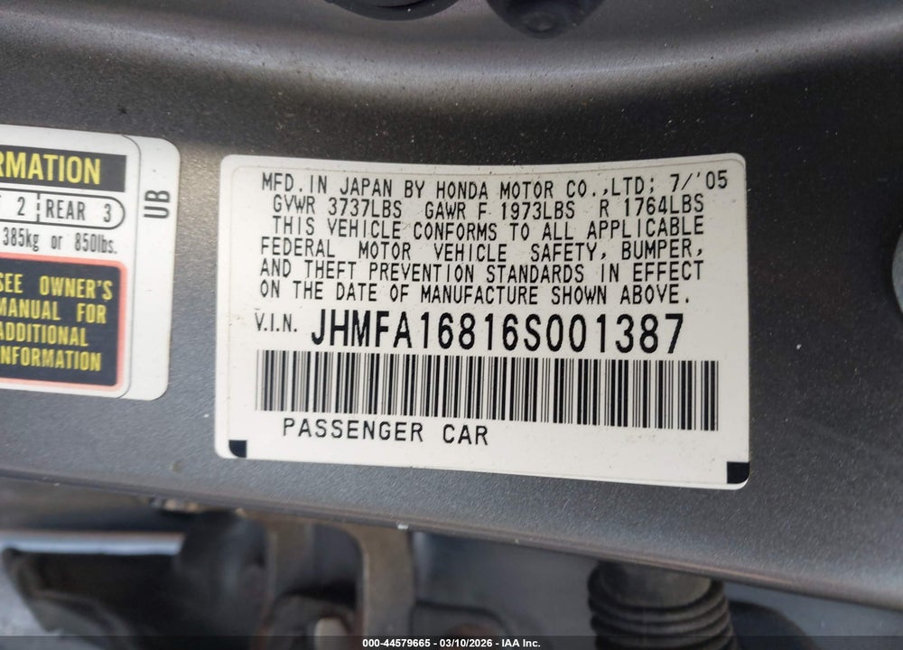 2006 HONDA CIVIC EX VIN: JHMFA16816S001387