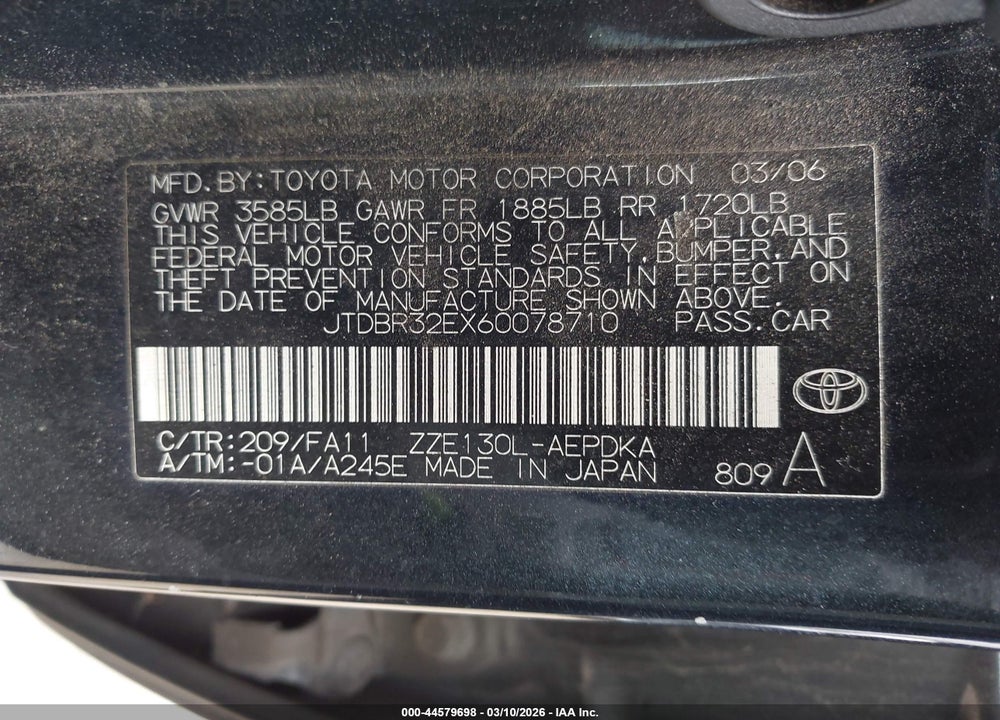 2006 TOYOTA COROLLA CE VIN: JTDBR32EX60078710