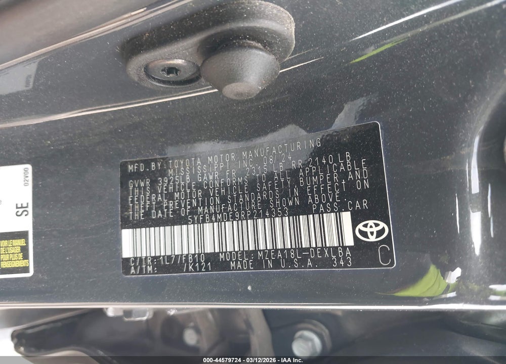 2024 TOYOTA COROLLA LE VIN: 5YFB4MDE9RP214353