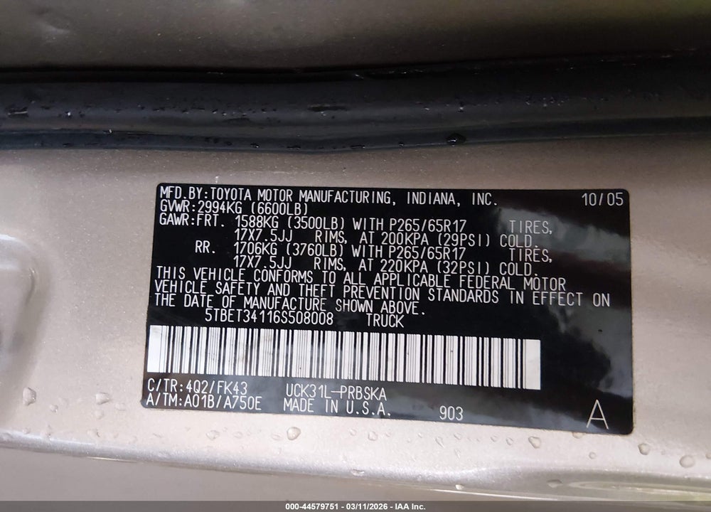 2006 TOYOTA TUNDRA SR5 V8 VIN: 5TBET34116S508008