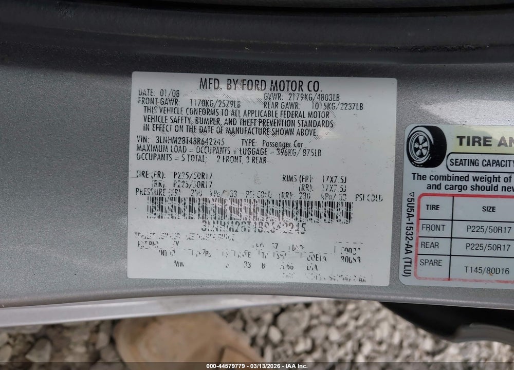 2008 LINCOLN MKZ VIN: 3LNHM28T48R642245