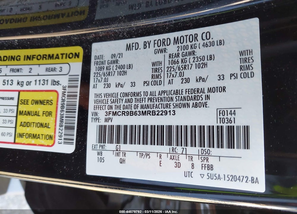 2021 FORD BRONCO SPORT BIG BEND VIN: 3FMCR9B63MRB22913