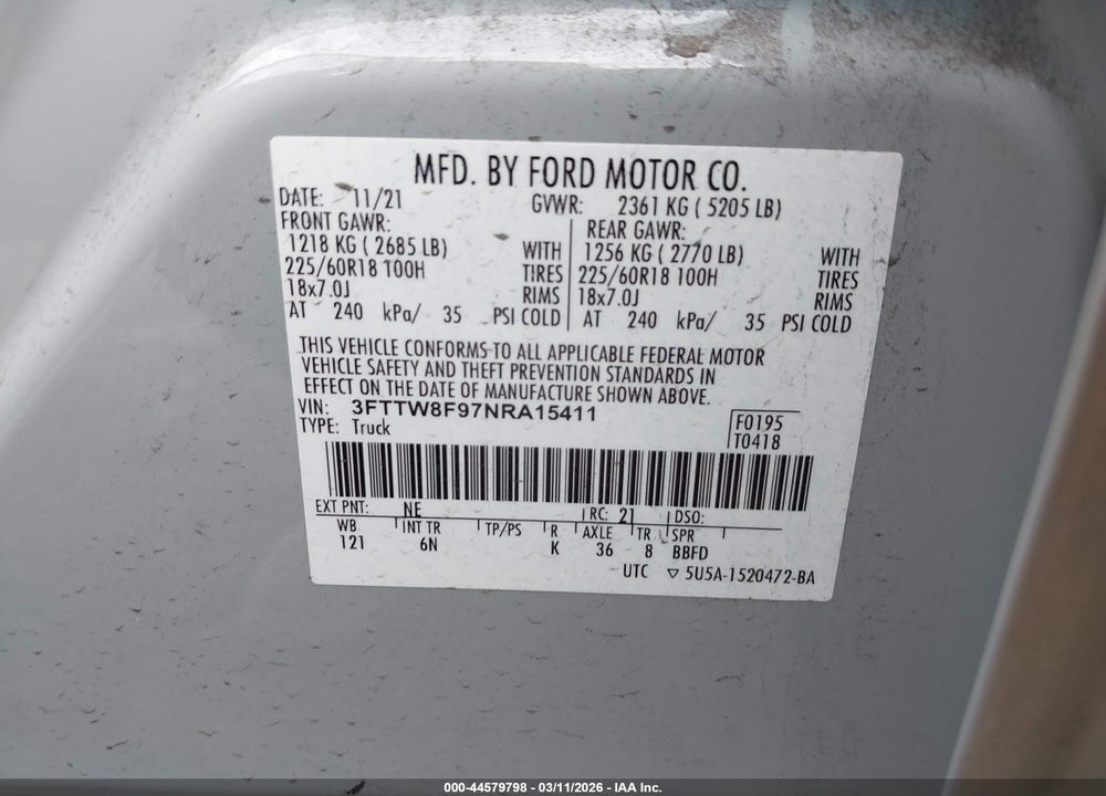 2022 FORD MAVERICK LARIAT VIN: 3FTTW8F97NRA15411