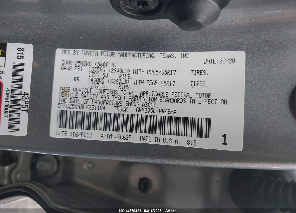 2020 TOYOTA TACOMA TRD SPORT VIN: 5TFCZ5AN8LX231184