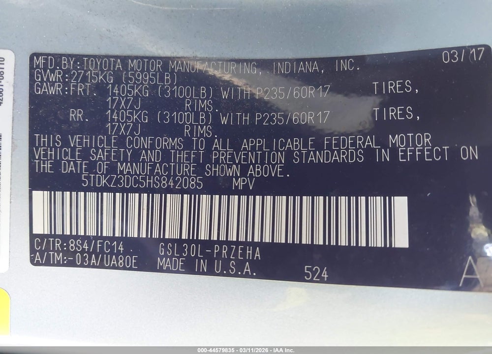 2017 TOYOTA SIENNA LE 8 PASSENGER VIN: 5TDKZ3DC5HS842085