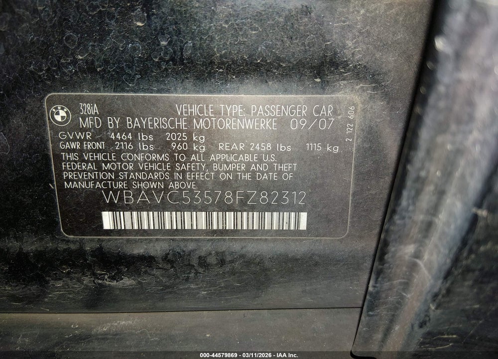 2008 BMW 328I VIN: WBAVC53578FZ82312