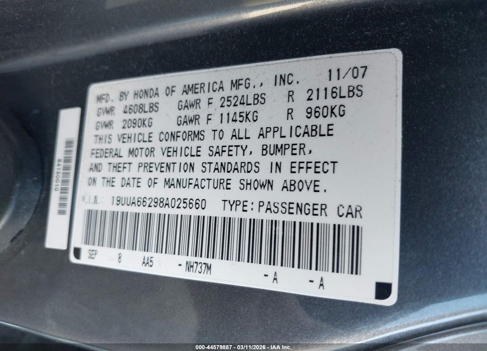 2008 ACURA TL 3.2 VIN: 19UUA66298A025660