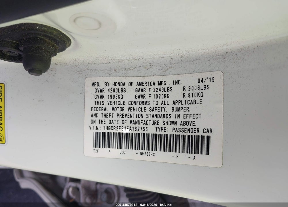 2015 HONDA ACCORD LX VIN: 1HGCR2F31FA162756