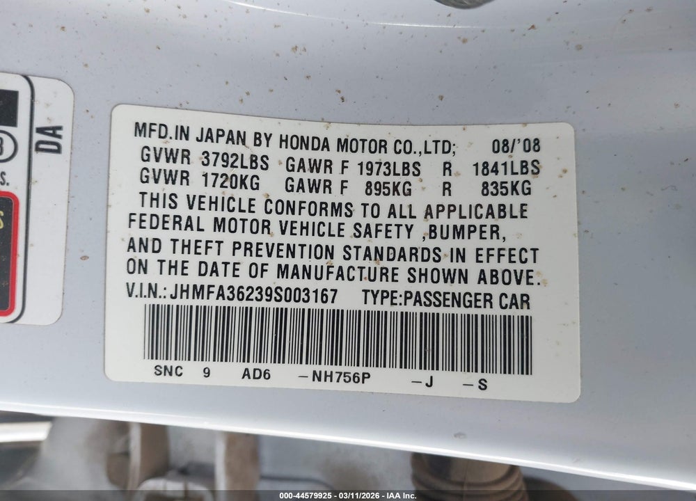 2009 HONDA CIVIC HYBRID VIN: JHMFA36239S003167
