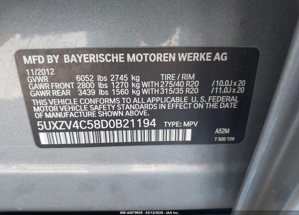 2013 BMW X5 XDRIVE35I/XDRIVE35I PREMIUM/XDRIVE35I SPORT ACTIVITY VIN: 5UXZV4C58D0B21194
