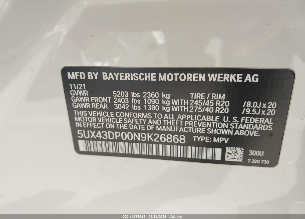 2022 BMW X3 SDRIVE30I VIN: 5UX43DP00N9K26868
