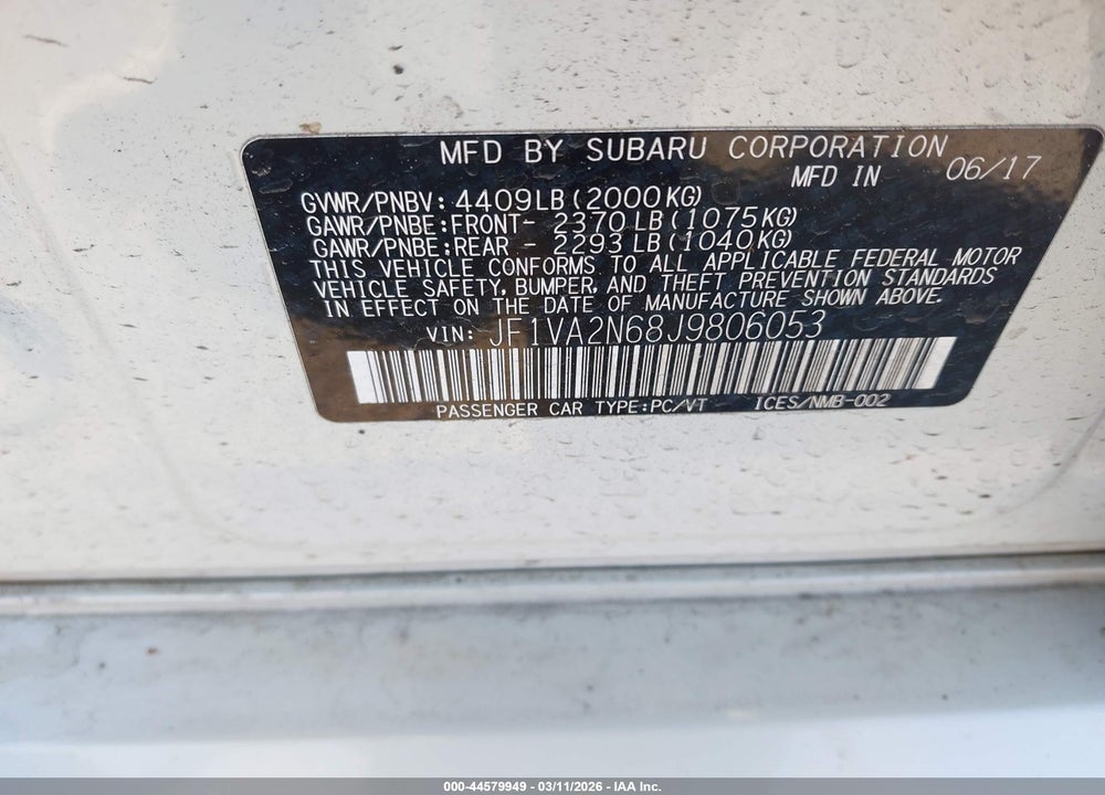 2018 SUBARU WRX STI VIN: JF1VA2N68J9806053