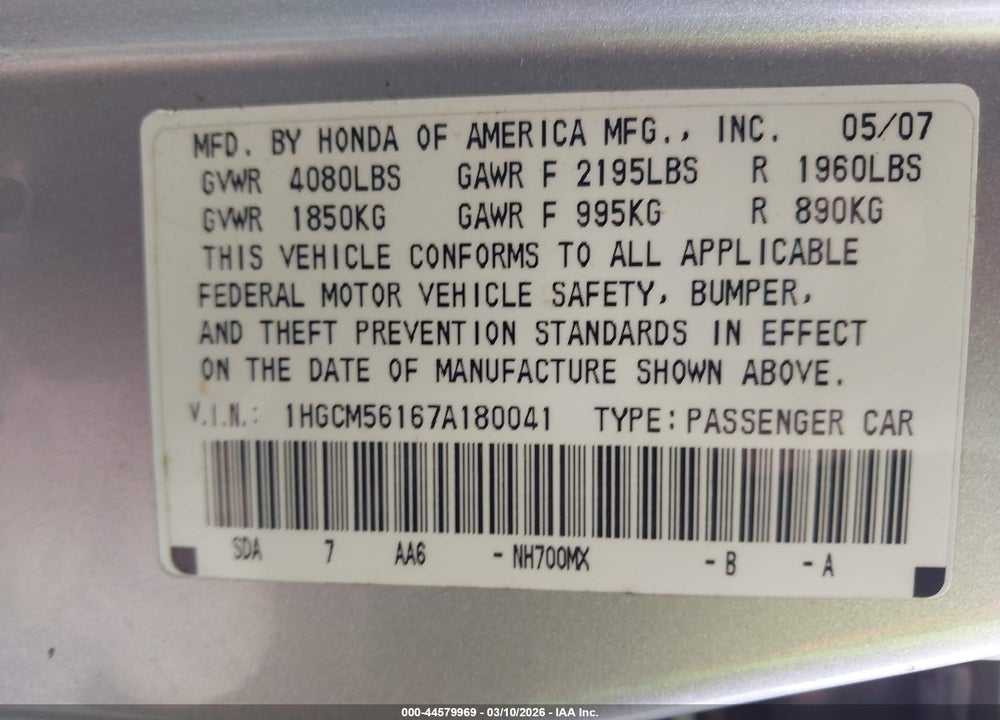 2007 HONDA ACCORD SDN VIN: 1HGCM56167A180041