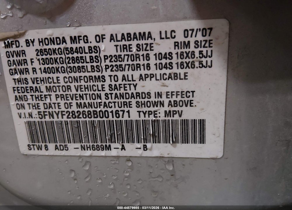 2008 HONDA PILOT VP VIN: 5FNYF28268B001671