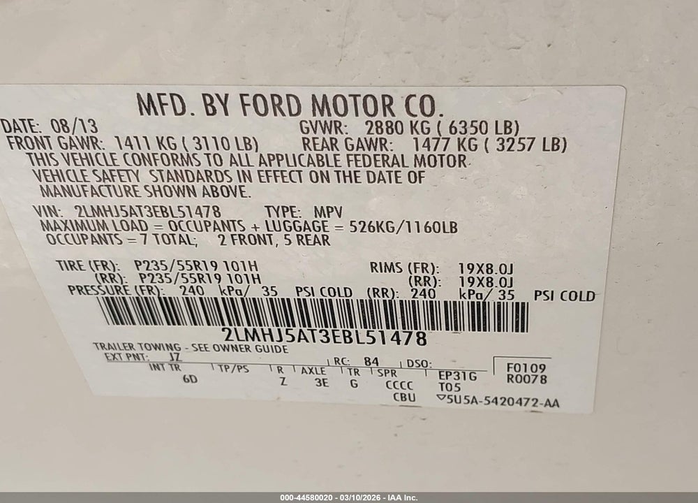 2014 LINCOLN MKT ECOBOOST VIN: 2LMHJ5AT3EBL51478