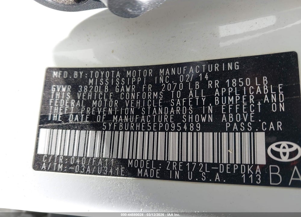 2014 TOYOTA COROLLA L VIN: 5YFBURHE5EP095489