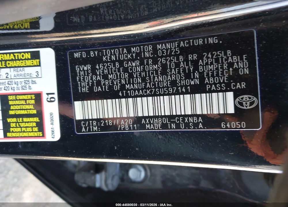 2025 TOYOTA CAMRY LE VIN: 4T1DAACK7SU597141