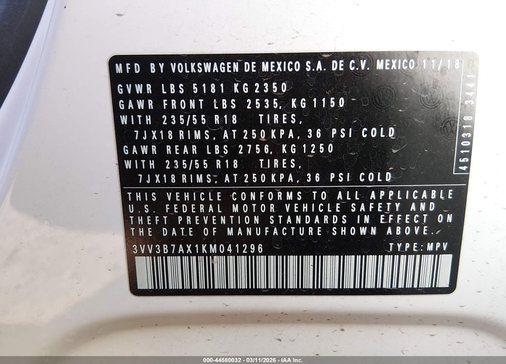 2019 VOLKSWAGEN TIGUAN 2.0T SE/2.0T SEL/2.0T SEL R-LINE/2.0T SEL R-LINE BLACK VIN: 3VV3B7AX1KM041296