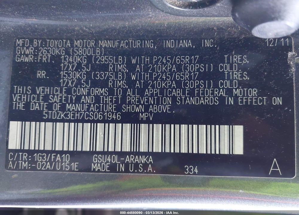 2012 TOYOTA HIGHLANDER BASE V6 VIN: 5TDZK3EH7CS061946