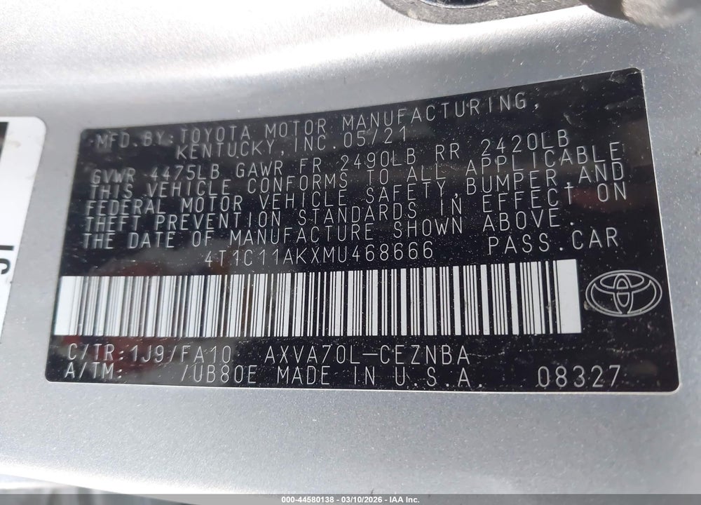 2021 TOYOTA CAMRY LE VIN: 4T1C11AKXMU468666
