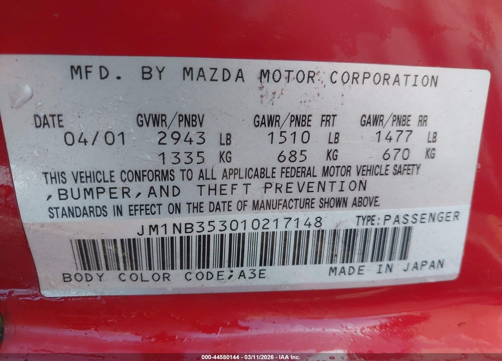 2001 MAZDA MX-5 MIATA LS/SPECIAL EDITION VIN: JM1NB353010217148