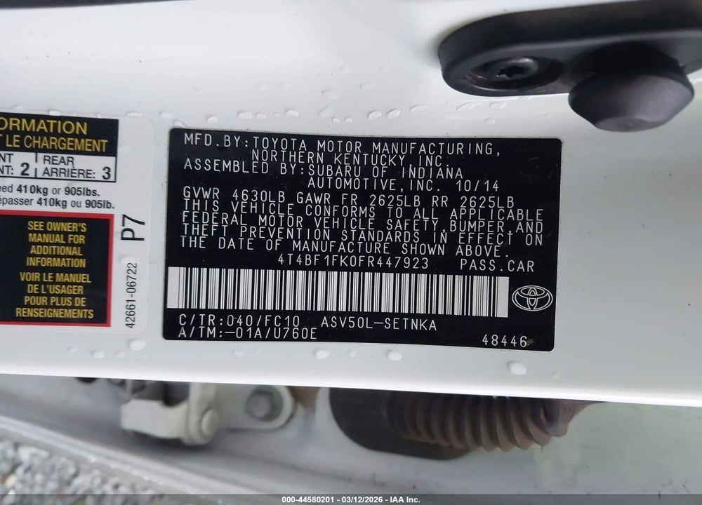 2015 TOYOTA CAMRY LE VIN: 4T4BF1FK0FR447923