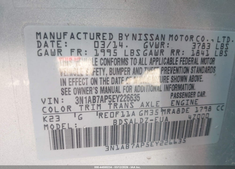 2014 NISSAN SENTRA FE+ S/FE+ SV/S/SL/SR/SV VIN: 3N1AB7AP5EY226635