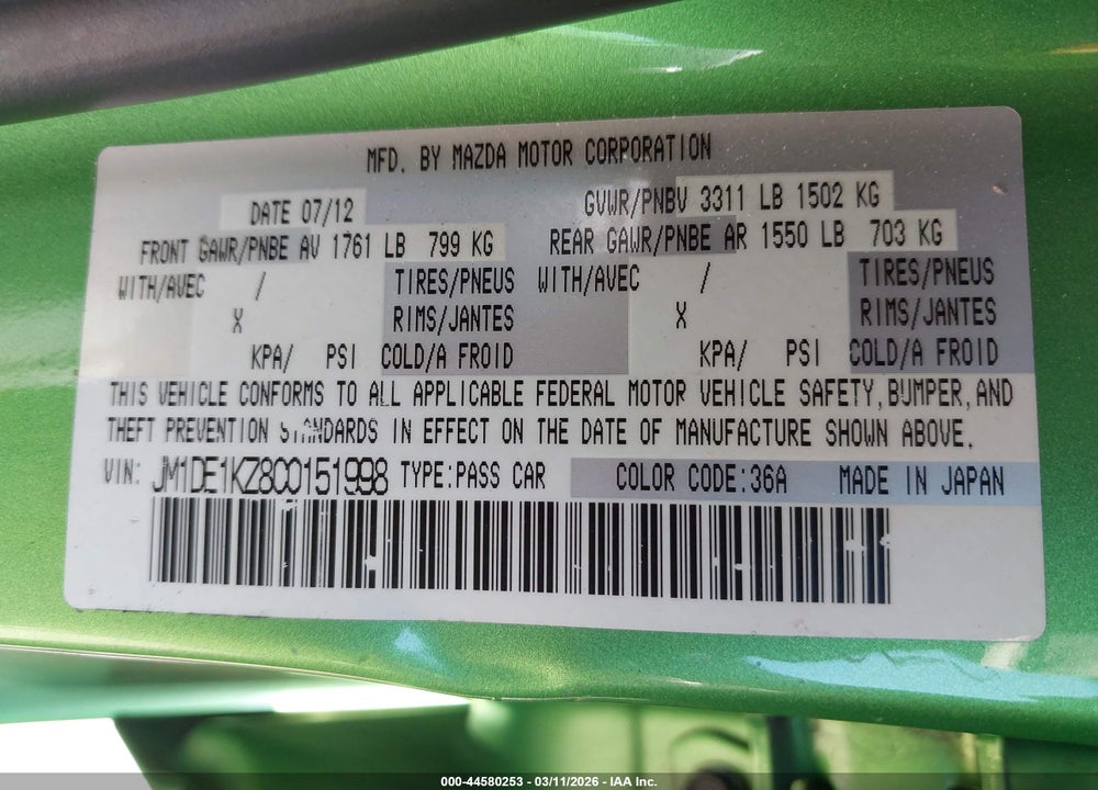 2012 MAZDA 2 SPORT VIN: JM1DE1KZ8C0151998