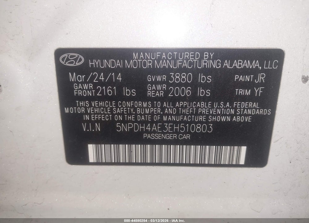 2014 HYUNDAI ELANTRA LIMITED VIN: 5NPDH4AE3EH510803