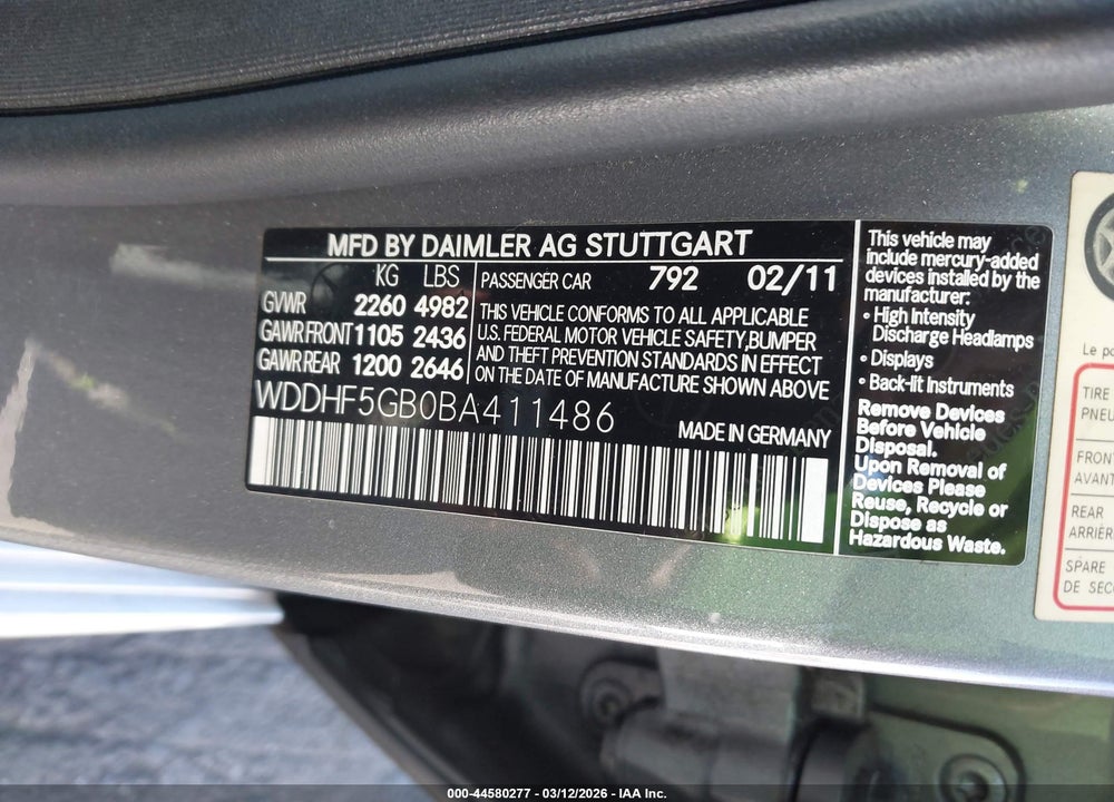 2011 MERCEDES-BENZ E 350 VIN: WDDHF5GB0BA411486