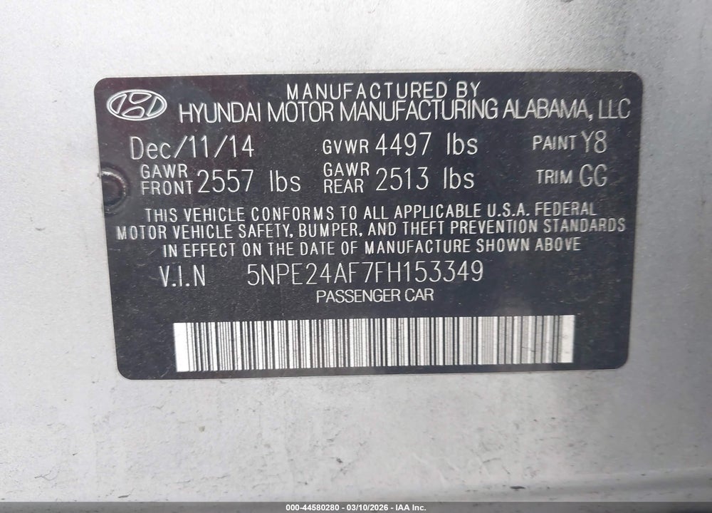 2015 HYUNDAI SONATA SE VIN: 5NPE24AF7FH153349
