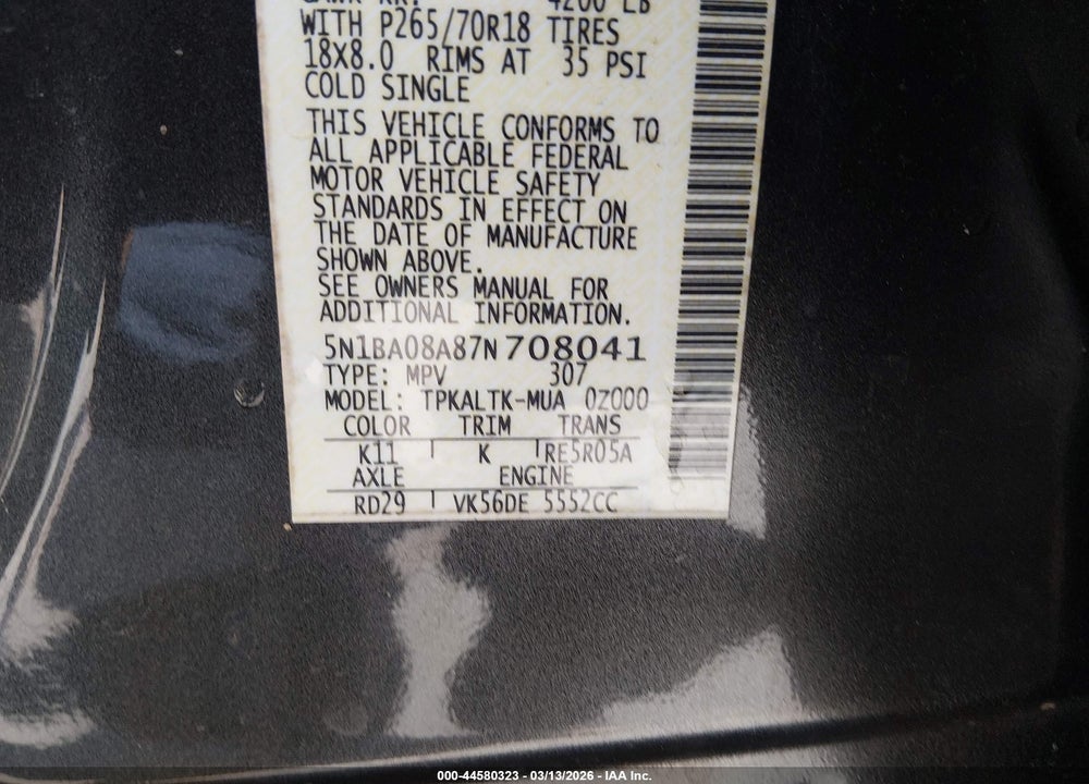 2007 NISSAN ARMADA SE VIN: 5N1BA08A87N708041