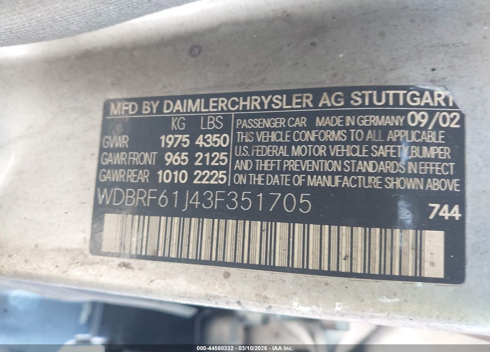 2003 MERCEDES-BENZ C 240 VIN: WDBRF61J43F351705