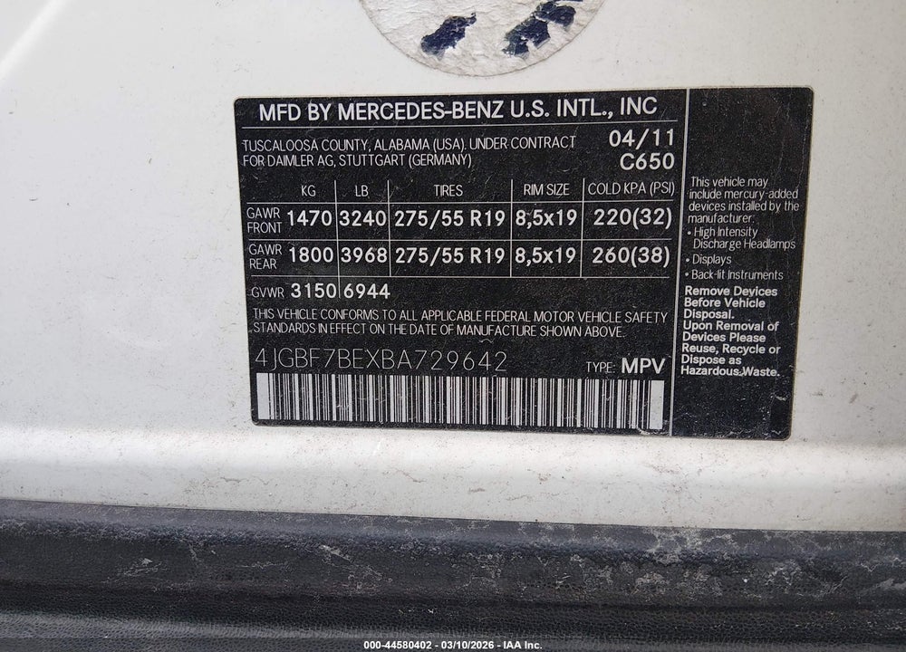 2011 MERCEDES-BENZ GL 450 4MATIC VIN: 4JGBF7BEXBA729642