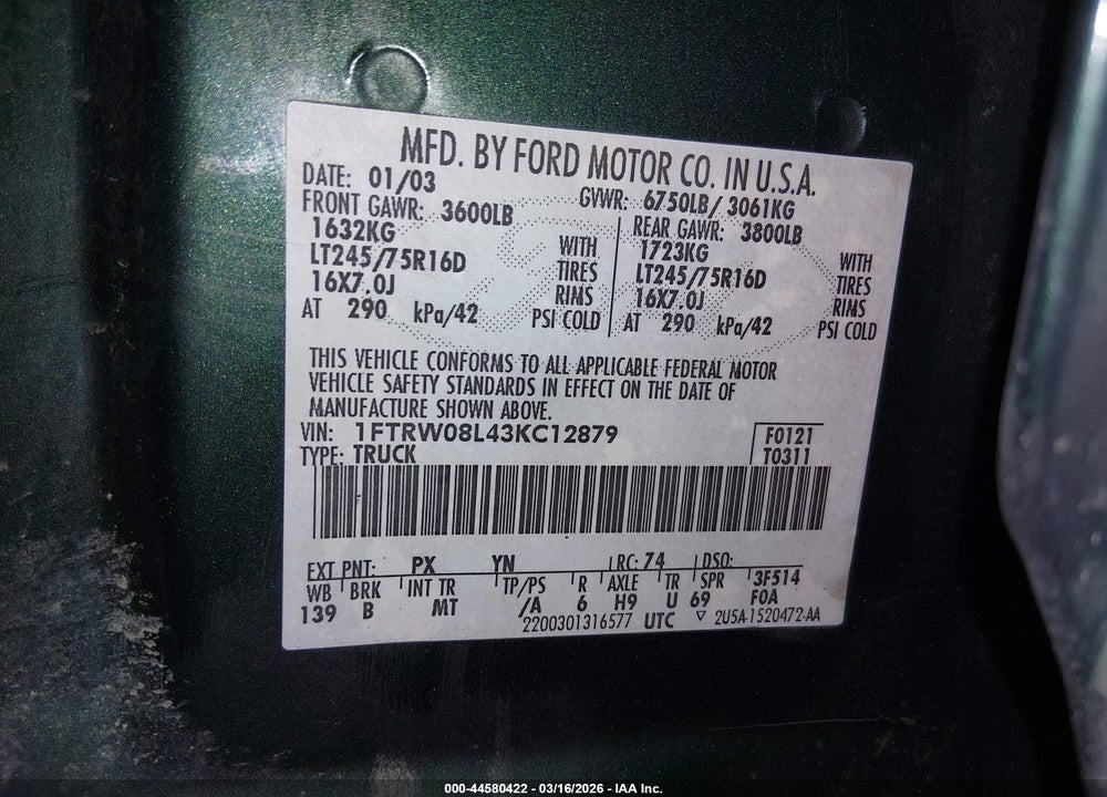 2003 FORD F-150 LARIAT/XLT VIN: 1FTRW08L43KC12879