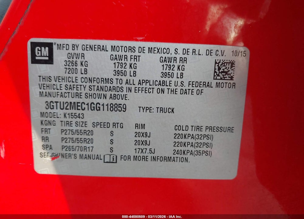 2016 GMC SIERRA 1500 SLE VIN: 3GTU2MEC1GG118859