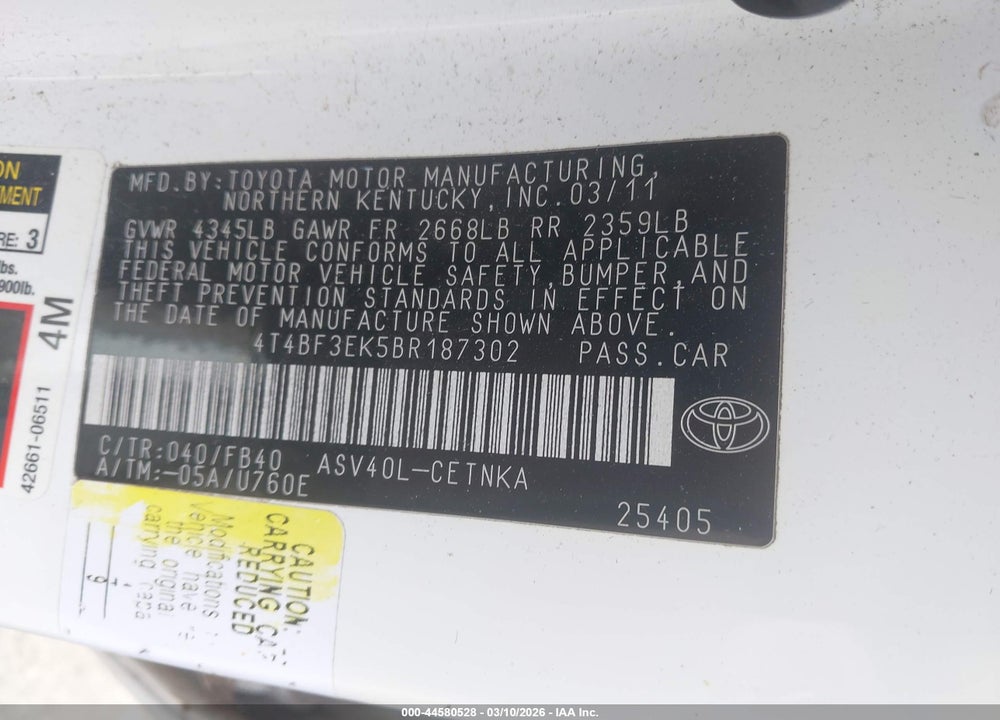 2011 TOYOTA CAMRY VIN: 4T4BF3EK5BR187302