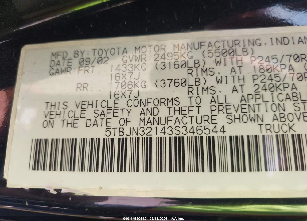 2003 TOYOTA TUNDRA VIN: 5TBJN32143S346544